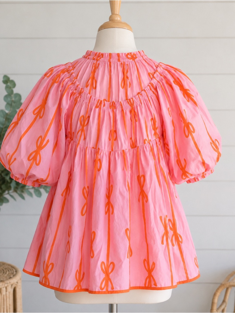 Umgee Pink Orange Bow Print Babydoll Tunic Top Puff Sleeve Medium - Picture 3 of 11